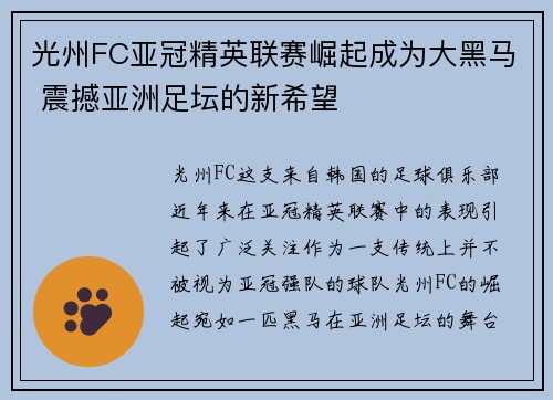 光州FC亚冠精英联赛崛起成为大黑马 震撼亚洲足坛的新希望