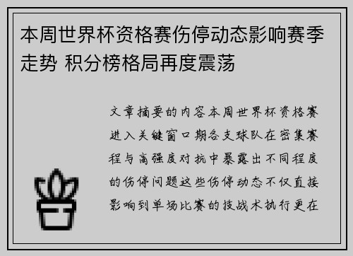 本周世界杯资格赛伤停动态影响赛季走势 积分榜格局再度震荡